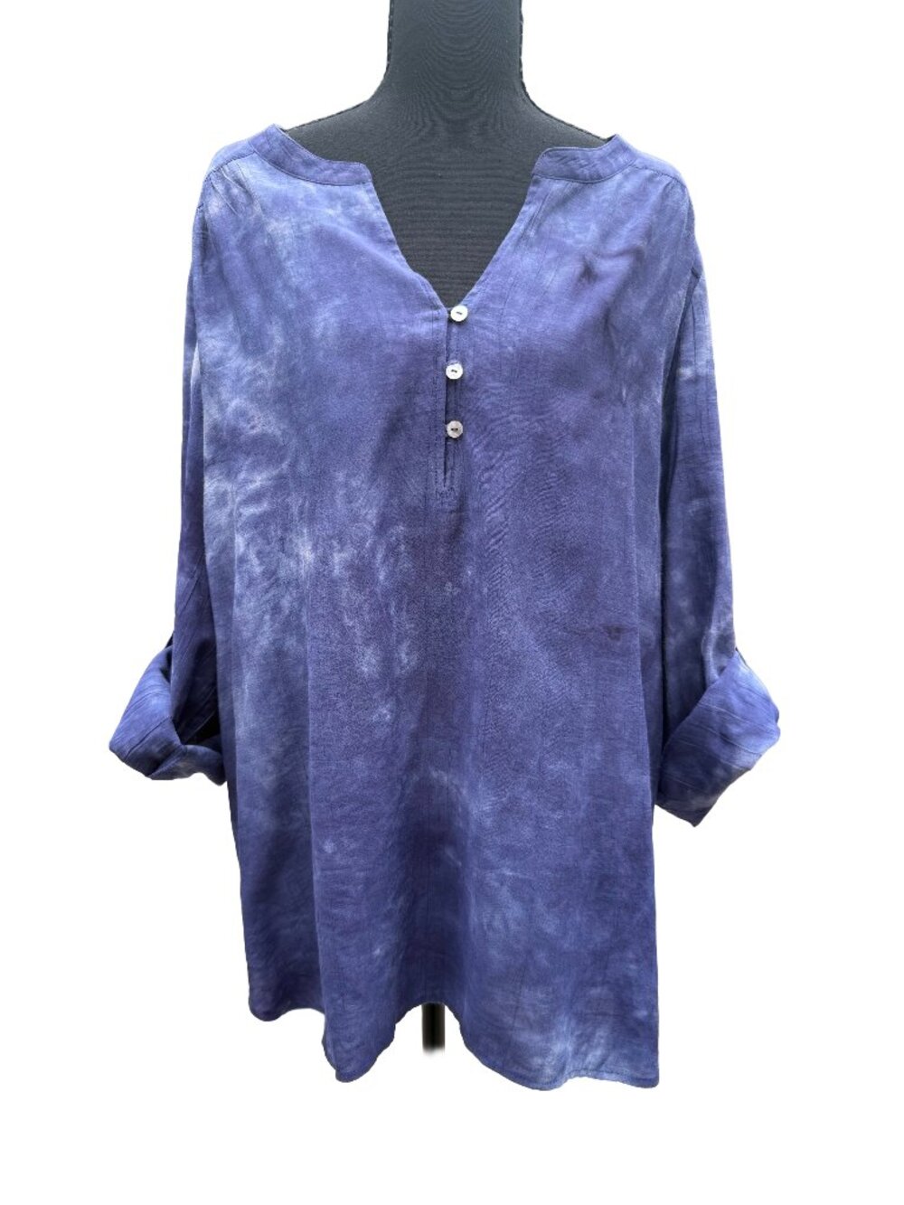 Como Vintage Blue Tie-Dye Popover Tunic Top Blouse Plus Size 2X Roll-Tab Sleeve